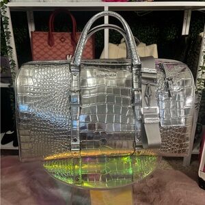 Michael Kors Silver Crocodile Embossed Duffel Bag NWT